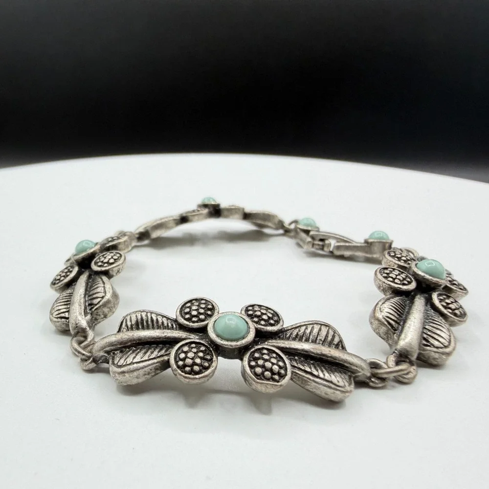 Silver Tone Floral Link Bracelet Aqua Cabochon Boho Cottagecore Statement Gift